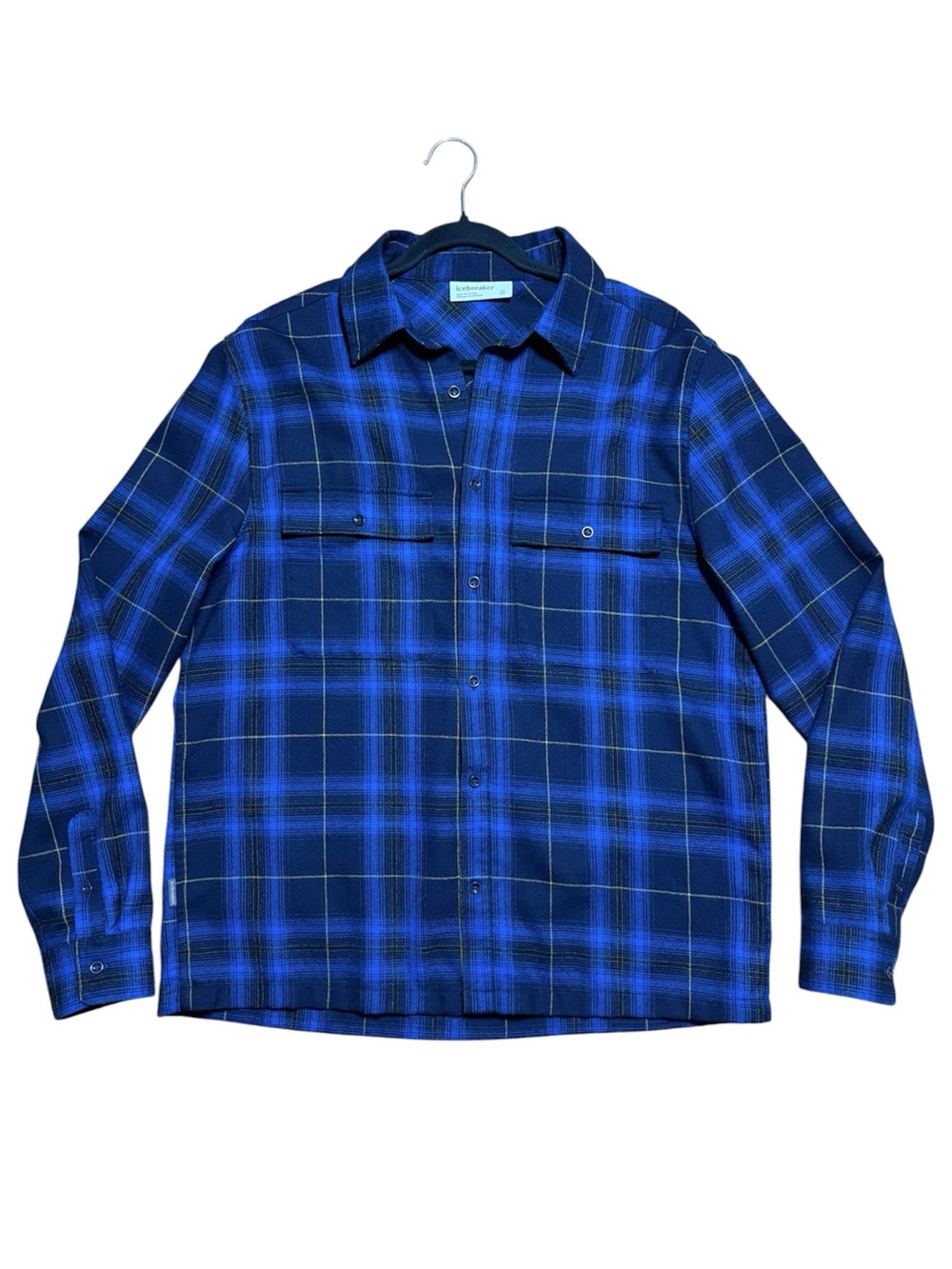 Icebreaker 100% Merino Wool Dawnder Blue Plaid Button Down Flannel Shirt NWOT